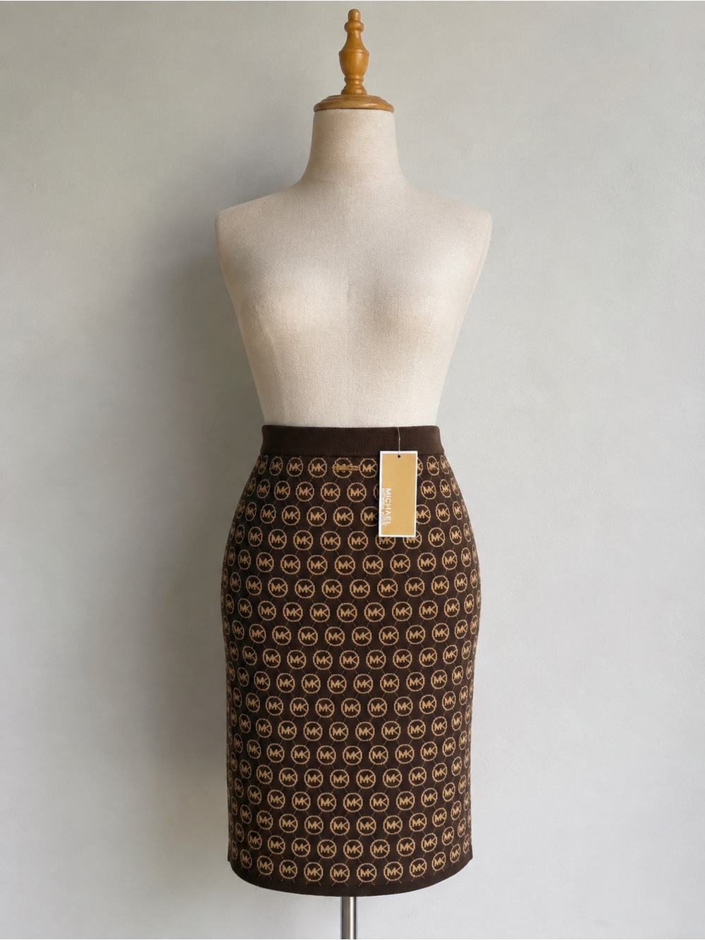 Michael Kors Brown and Gold Logo Pencil Skirt